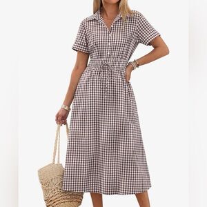 Summer Midi Dress Short Sleeve Striped Plaid Button Collar m nwt